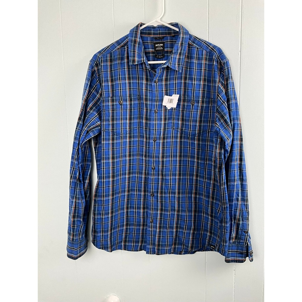 Prana Mens‎ Large Blue Plaid Organic Cotton Long Sleeve Button Up Shirt RN124977